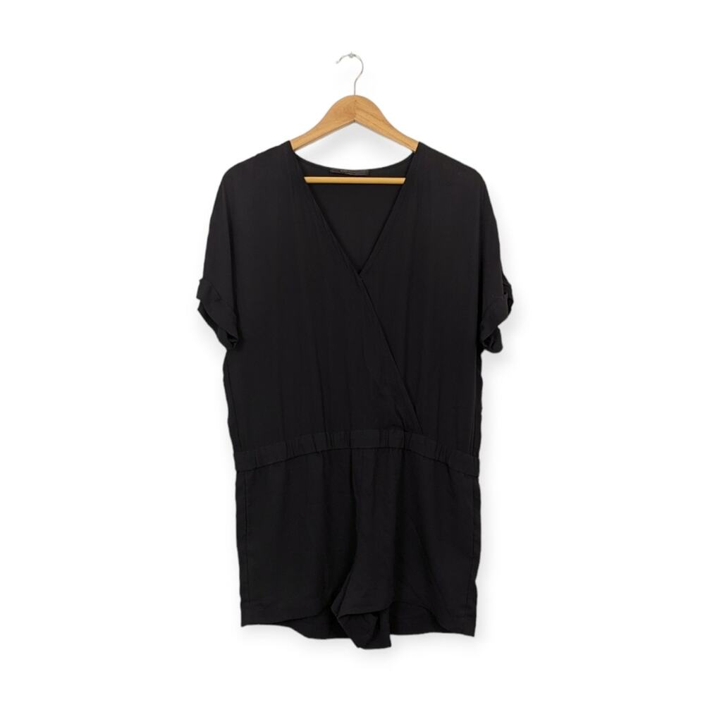 BCBGMaxAzria Black Quincey Surplice Front Short Sleeve Romper